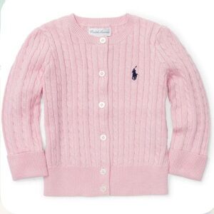 RALPH LAUREN Cable Knit Cotton Cardigan Sweater Pink Navy Pony Girl Baby Toddler